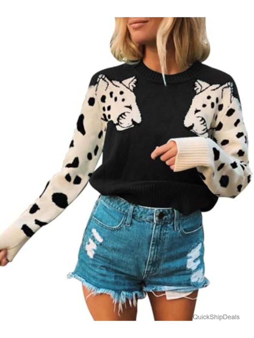 Women's Cropped Knit Pullover Sweater Crew Neck Long Sleeve Casual